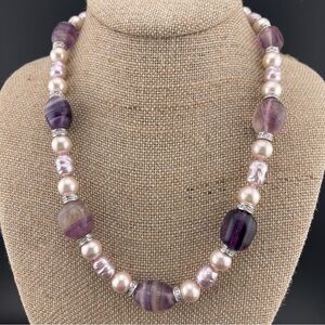 Vintage 14mm Amethyst Bead Faux Pearl Necklace Crystal Spacers Hidden Closure